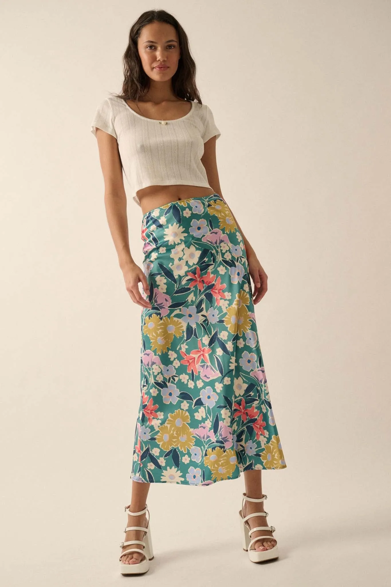 Teal Temptation Floral Satin A-Line Midi Skirt