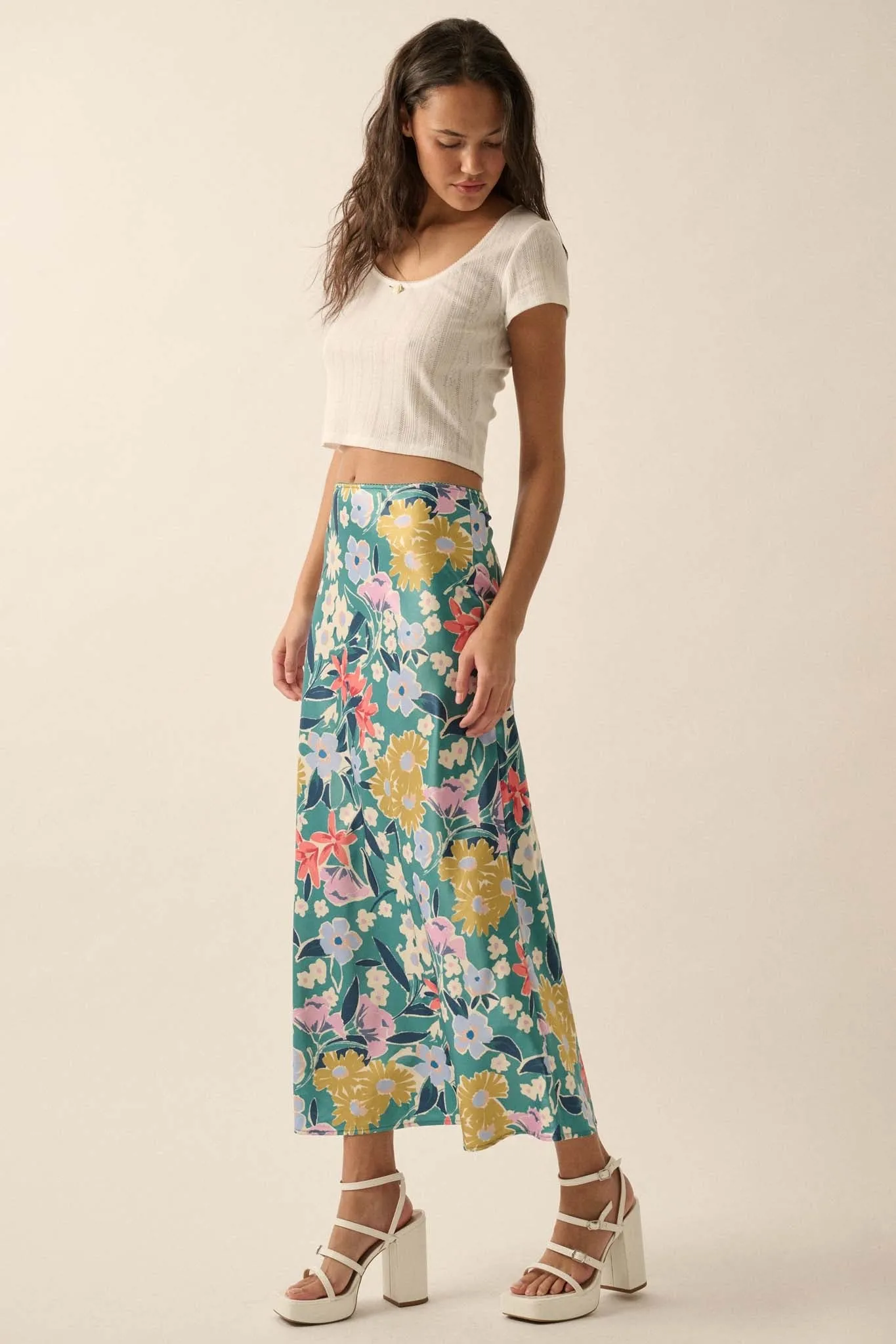 Teal Temptation Floral Satin A-Line Midi Skirt