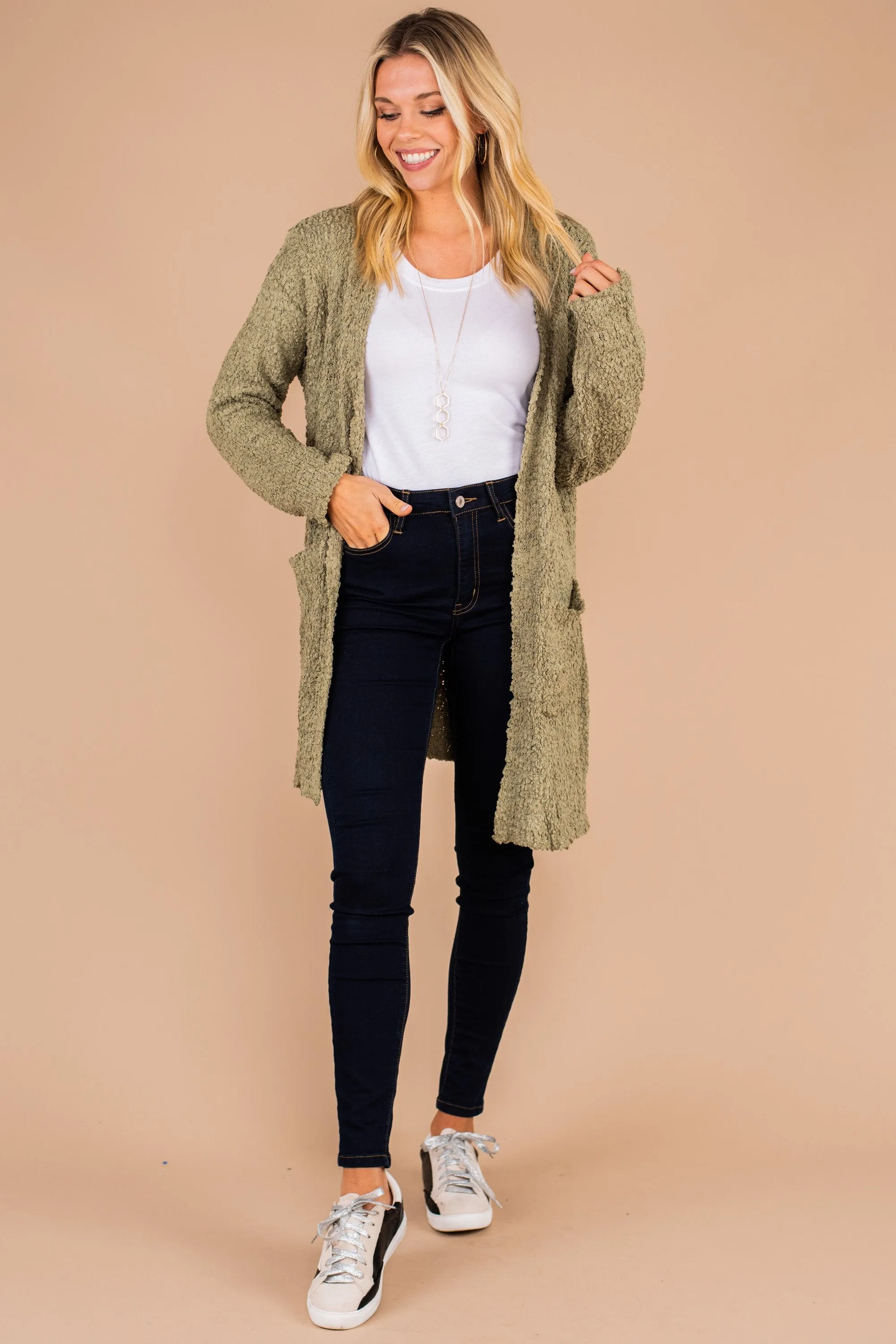 Tell Somebody Olive Green Popcorn Cardigan