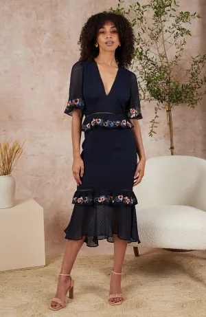 The Lucy Embroidered Midi Tea Dress (Navy)