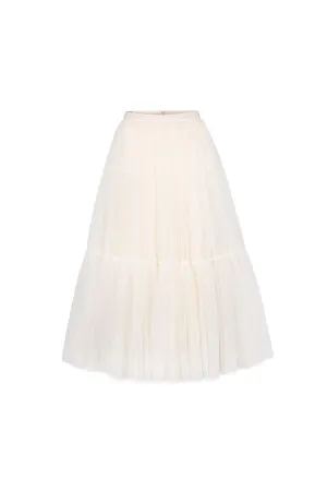 Tullie Tiered Elastic Waist Mesh Silk Midi Skirt
