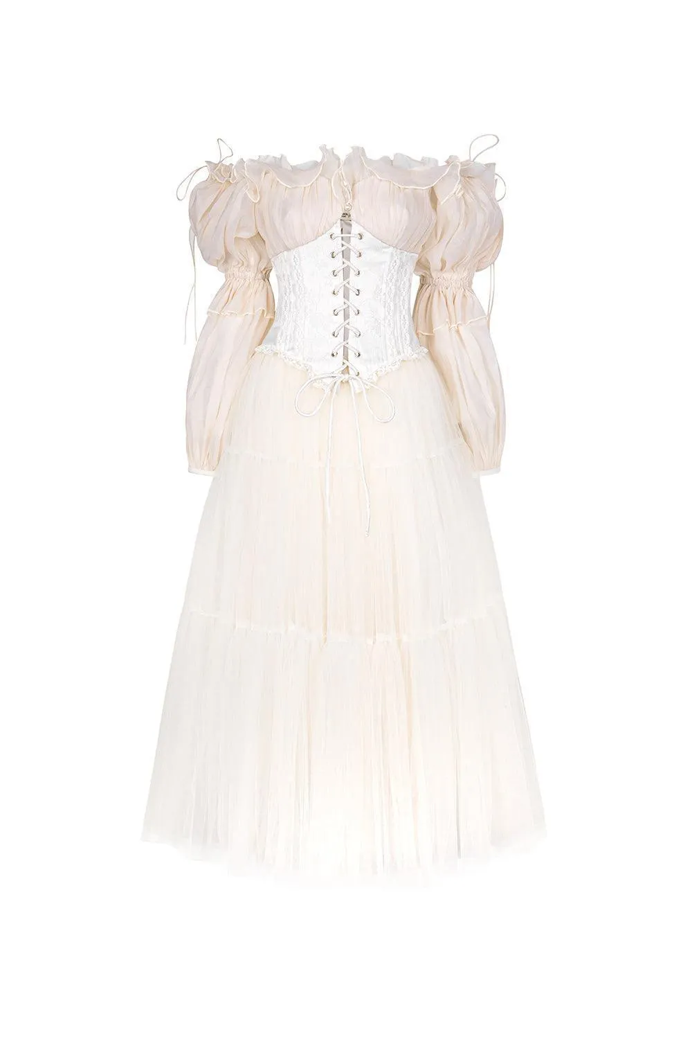 Tullie Tiered Elastic Waist Mesh Silk Midi Skirt