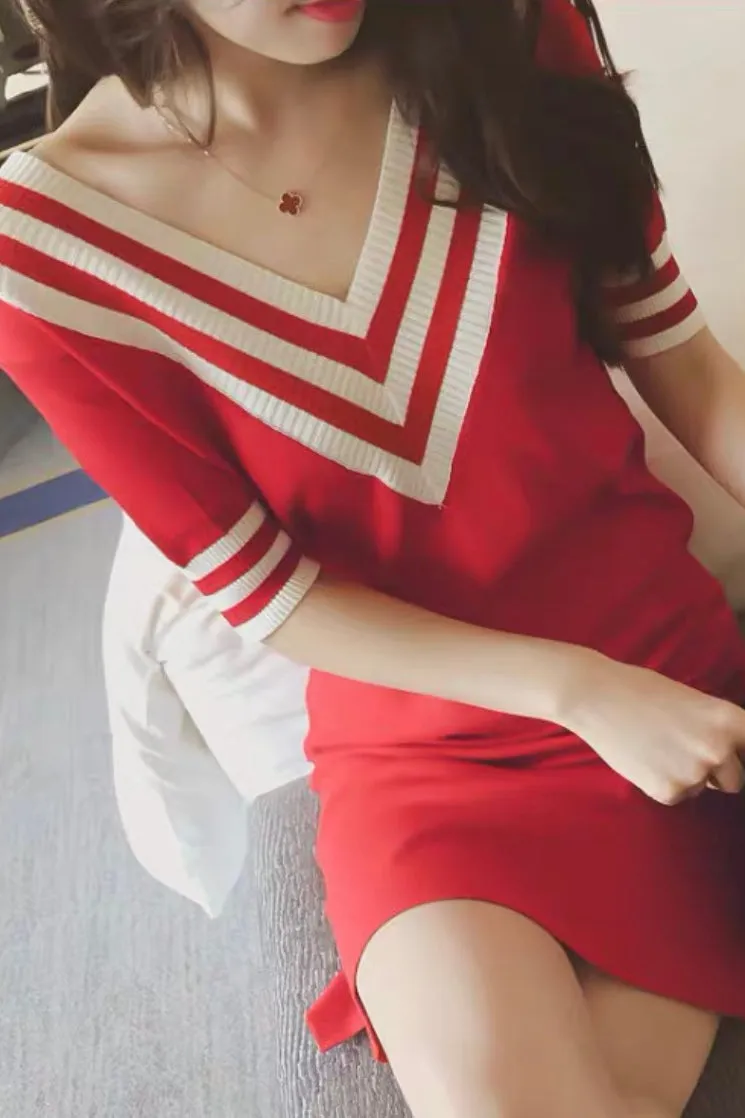 V Neck Knit Mini Dress