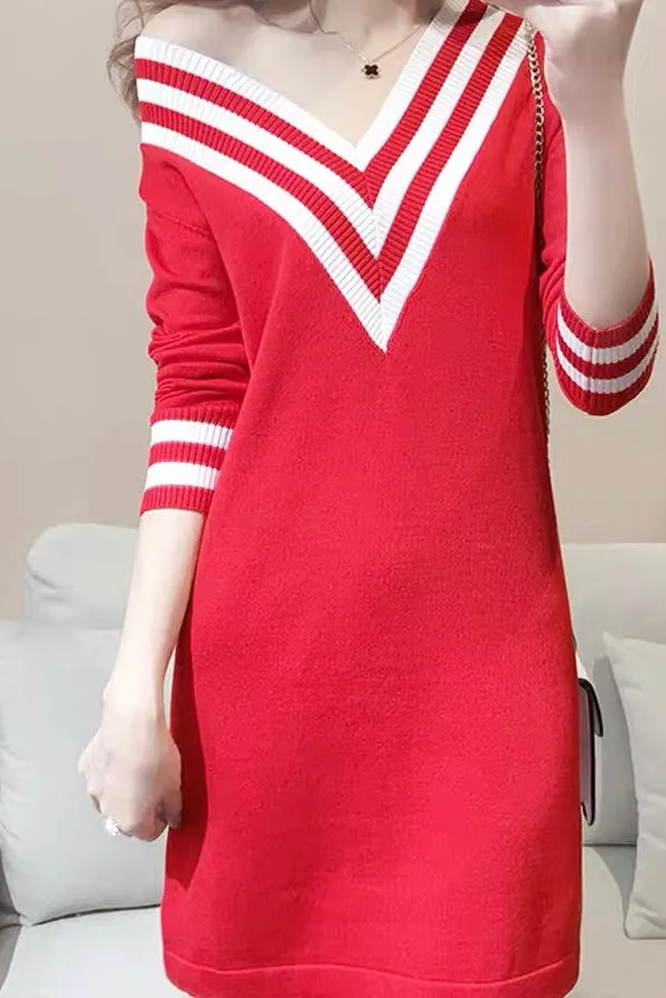 V Neck Knit Mini Dress