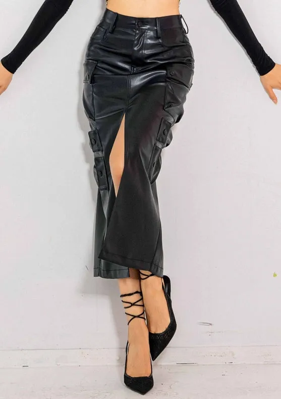 Vegan Leather Cargo Column Skirt
