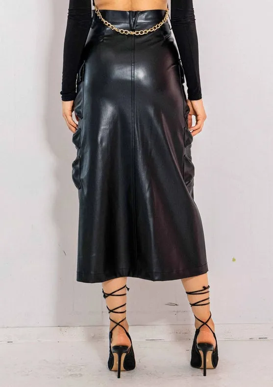Vegan Leather Cargo Column Skirt