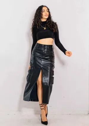 Vegan Leather Cargo Column Skirt
