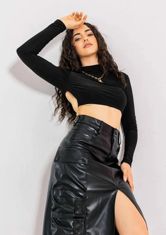Vegan Leather Cargo Column Skirt