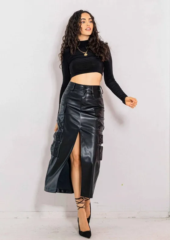 Vegan Leather Cargo Column Skirt