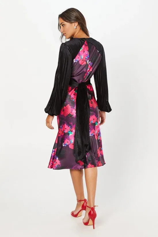 Velvet Bodice Satin Long Sleeves Flippy Skirt Midi Dress Wedding Guest Dresses