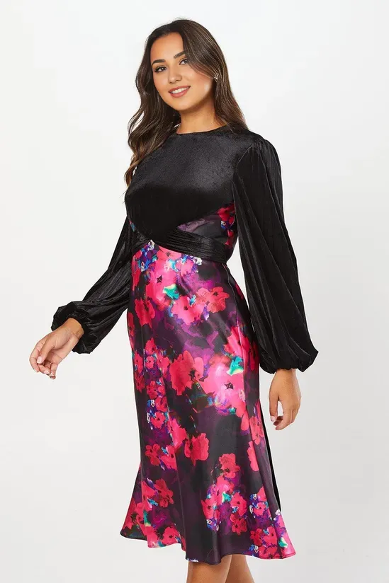 Velvet Bodice Satin Long Sleeves Flippy Skirt Midi Dress Wedding Guest Dresses