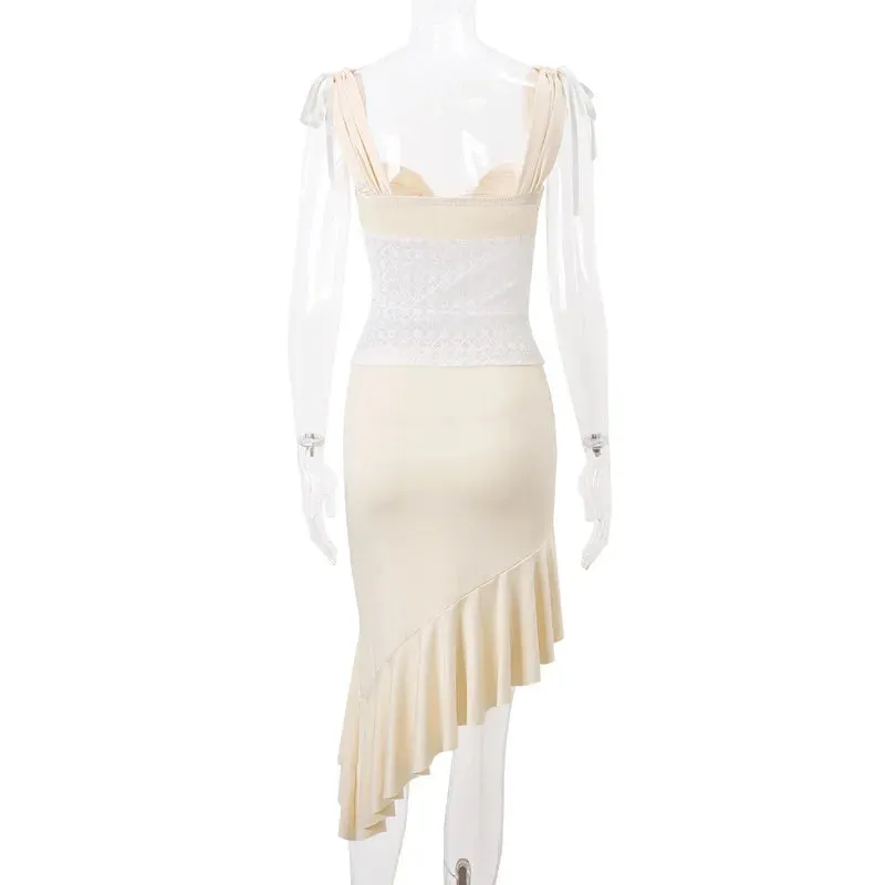 White Short Sleeve Crop Top Trendy Ruffle Slit Midi Skirt Set