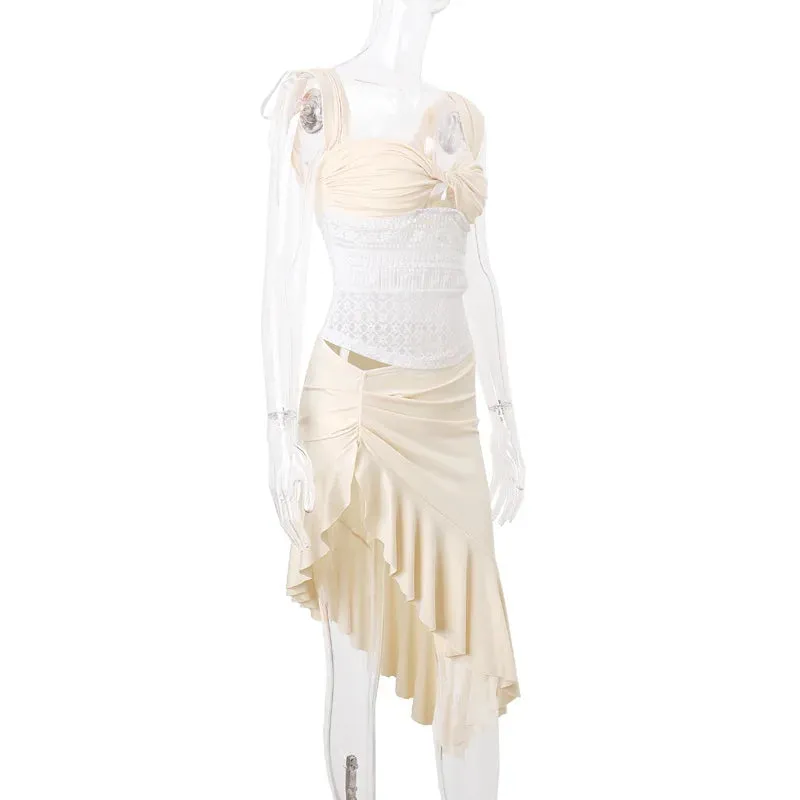 White Short Sleeve Crop Top Trendy Ruffle Slit Midi Skirt Set