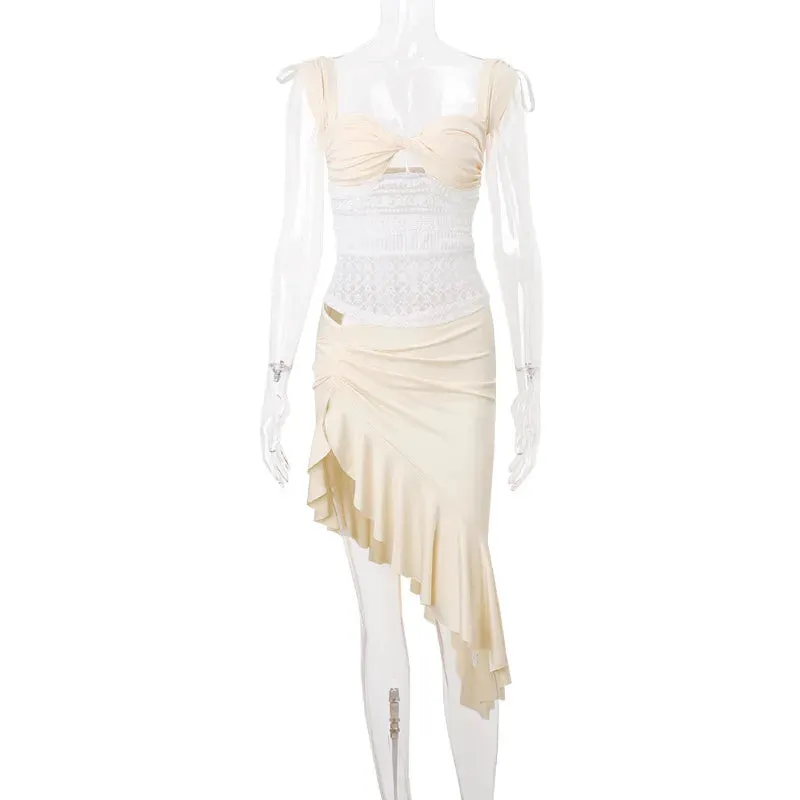 White Short Sleeve Crop Top Trendy Ruffle Slit Midi Skirt Set