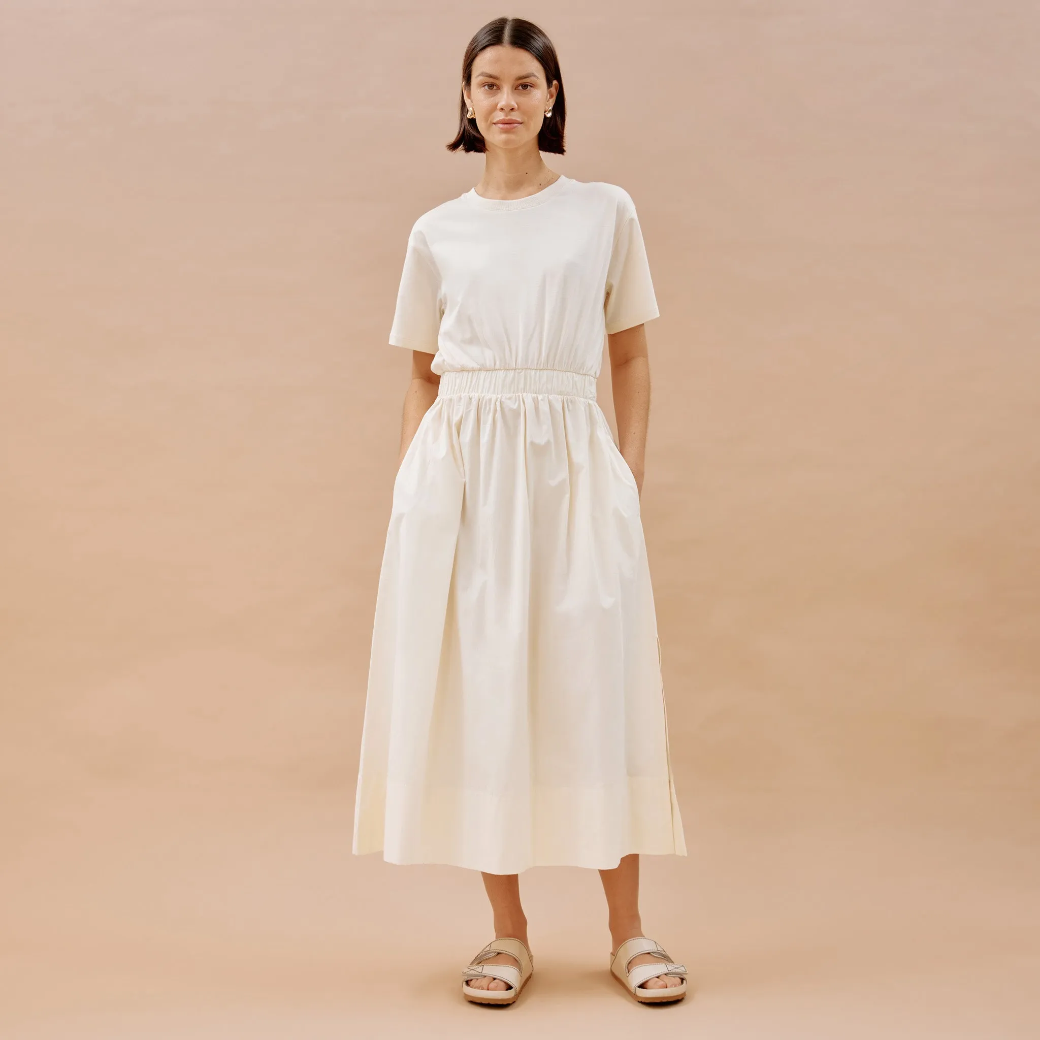 Woven Mix T Shirt Dress Cream