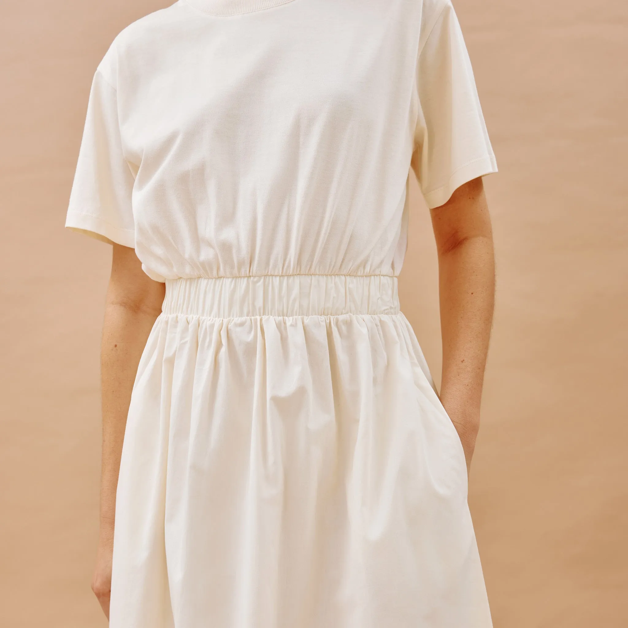 Woven Mix T Shirt Dress Cream